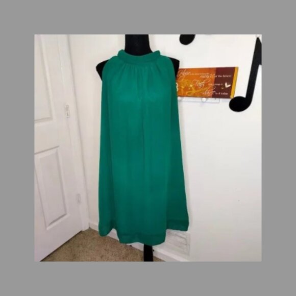 New York & Company XS Eva Mendes Emerald Green Chiffon High Neck Dress Size Med - Picture 2 of 10